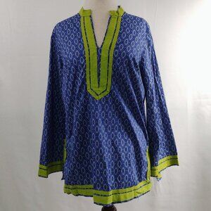 Bright Cobalt Blue & Lime Green Floral Burst Top | Size Large | Cotton Blend